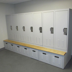 Gear locker storage with bench