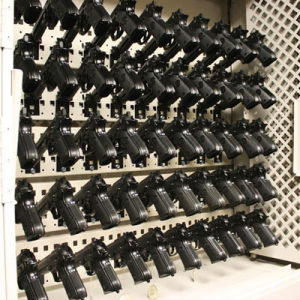 Hand gun storage on pistol posts inside universal weapons storage unit